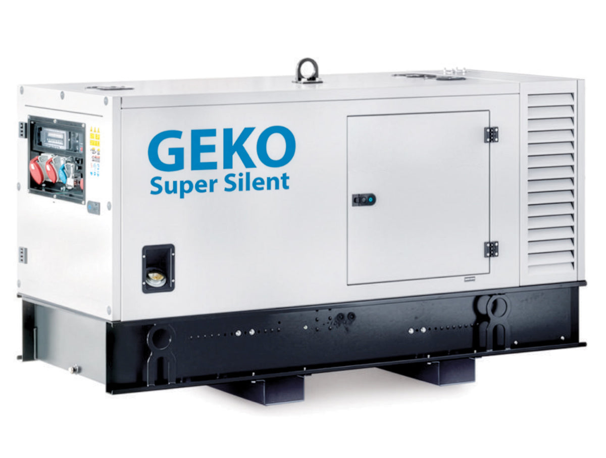 Three quarter front view of a white GEKO generator 