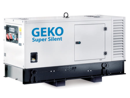 Three quarter front view of a white GEKO generator 