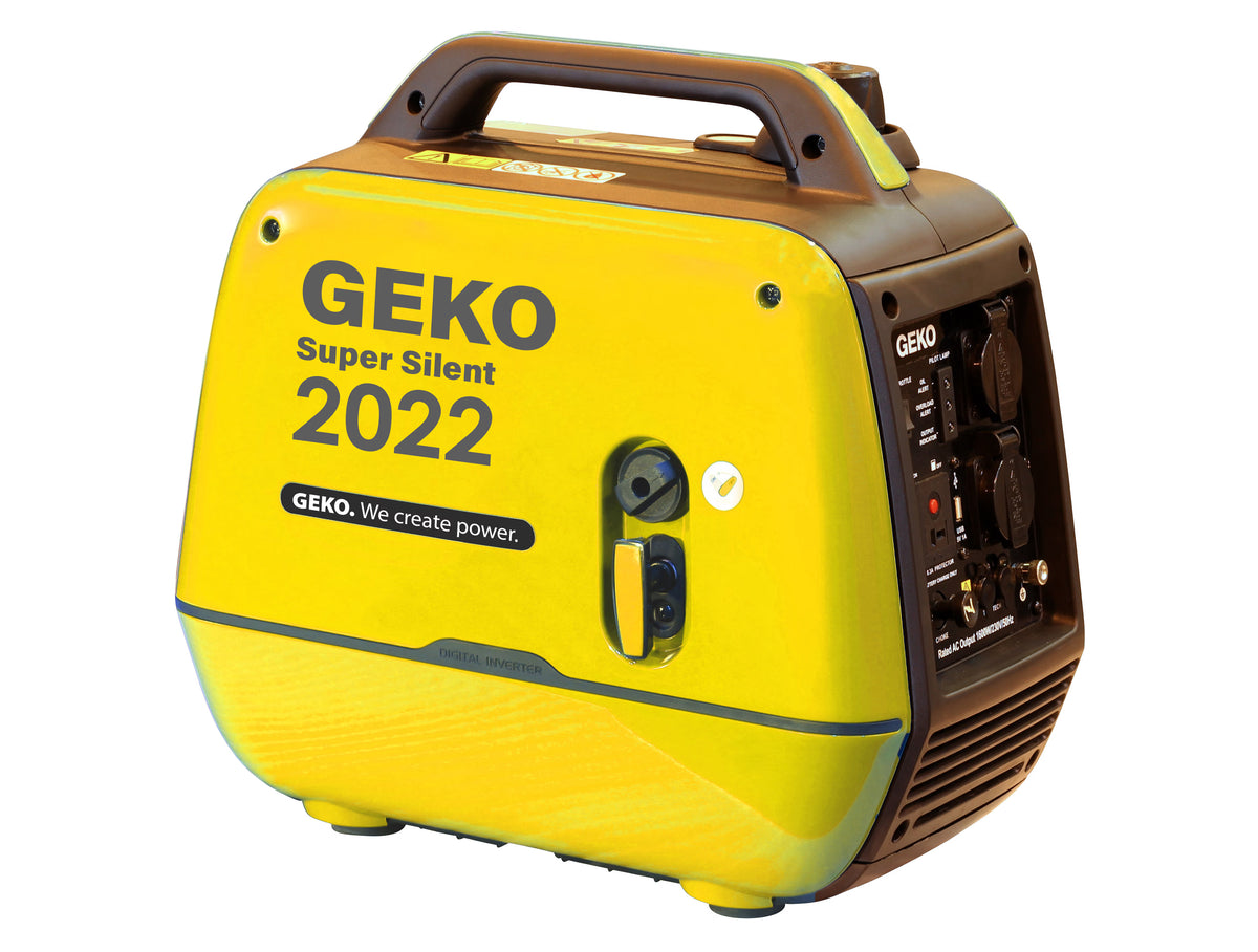 Yellow GEKO Super Silent 2022 generator on a white background