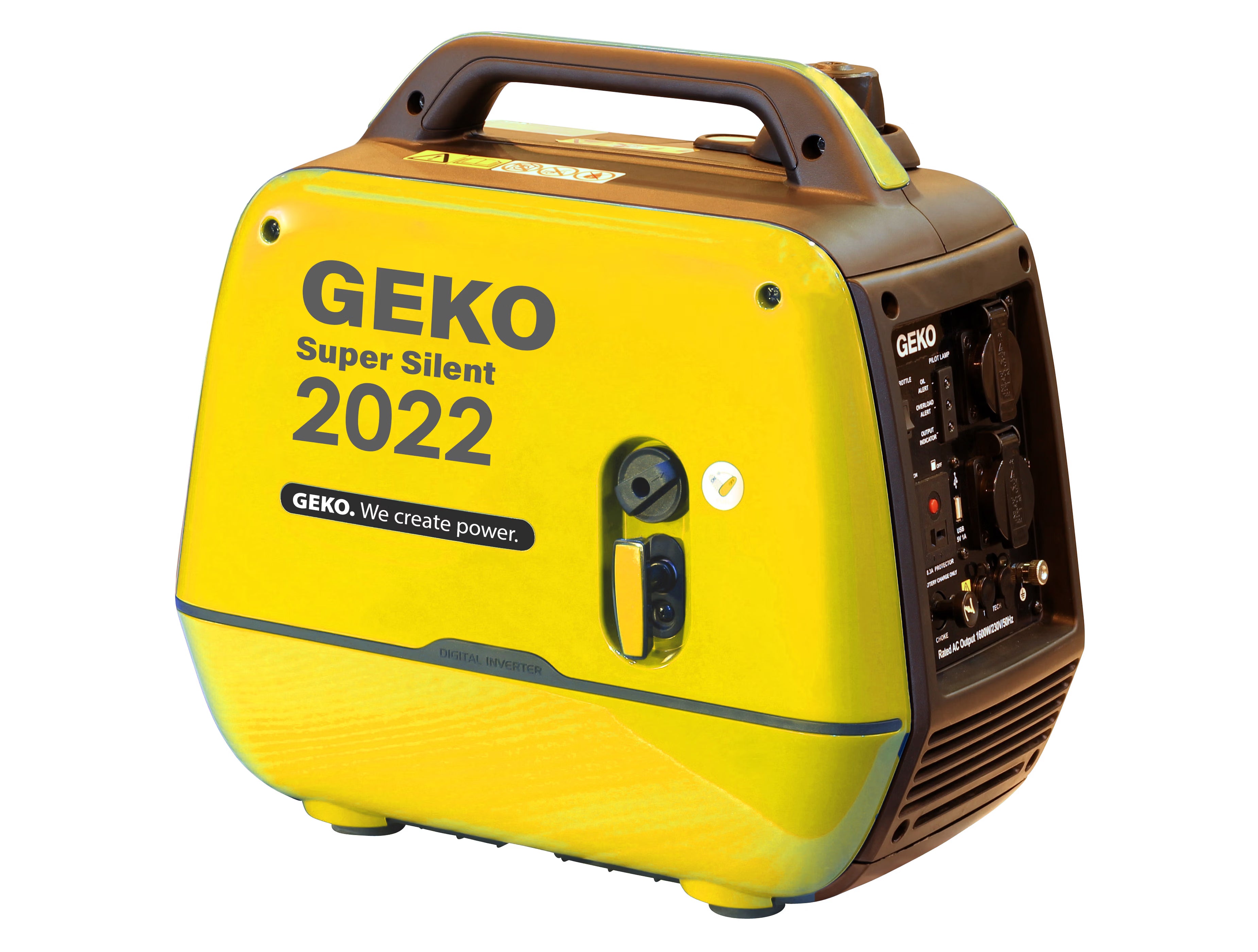 Yellow GEKO Super Silent 2022 generator on a white background