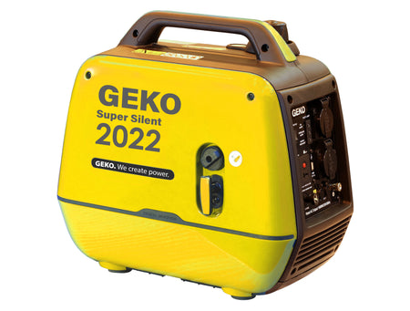 Yellow GEKO Super Silent 2022 generator on a white background