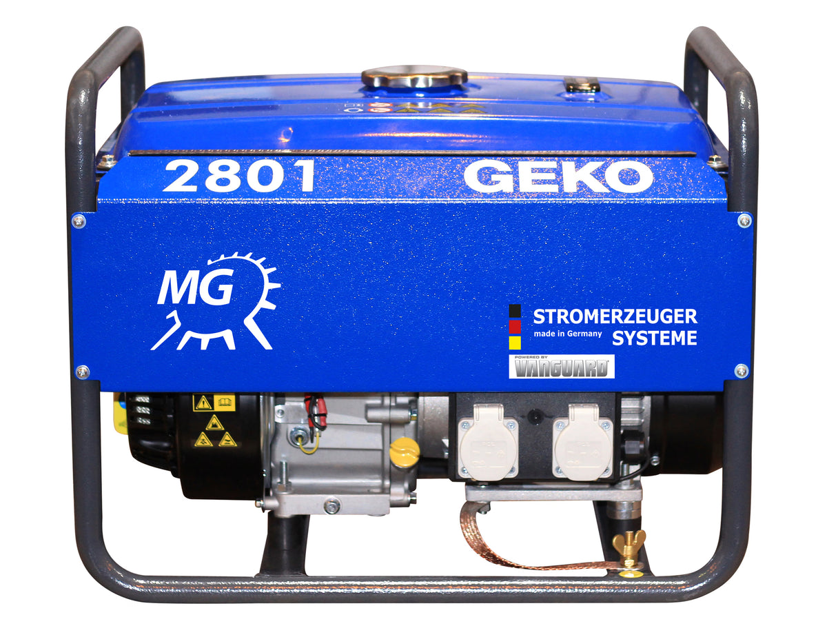 Front view of a blue GEKO portable generator on a white background