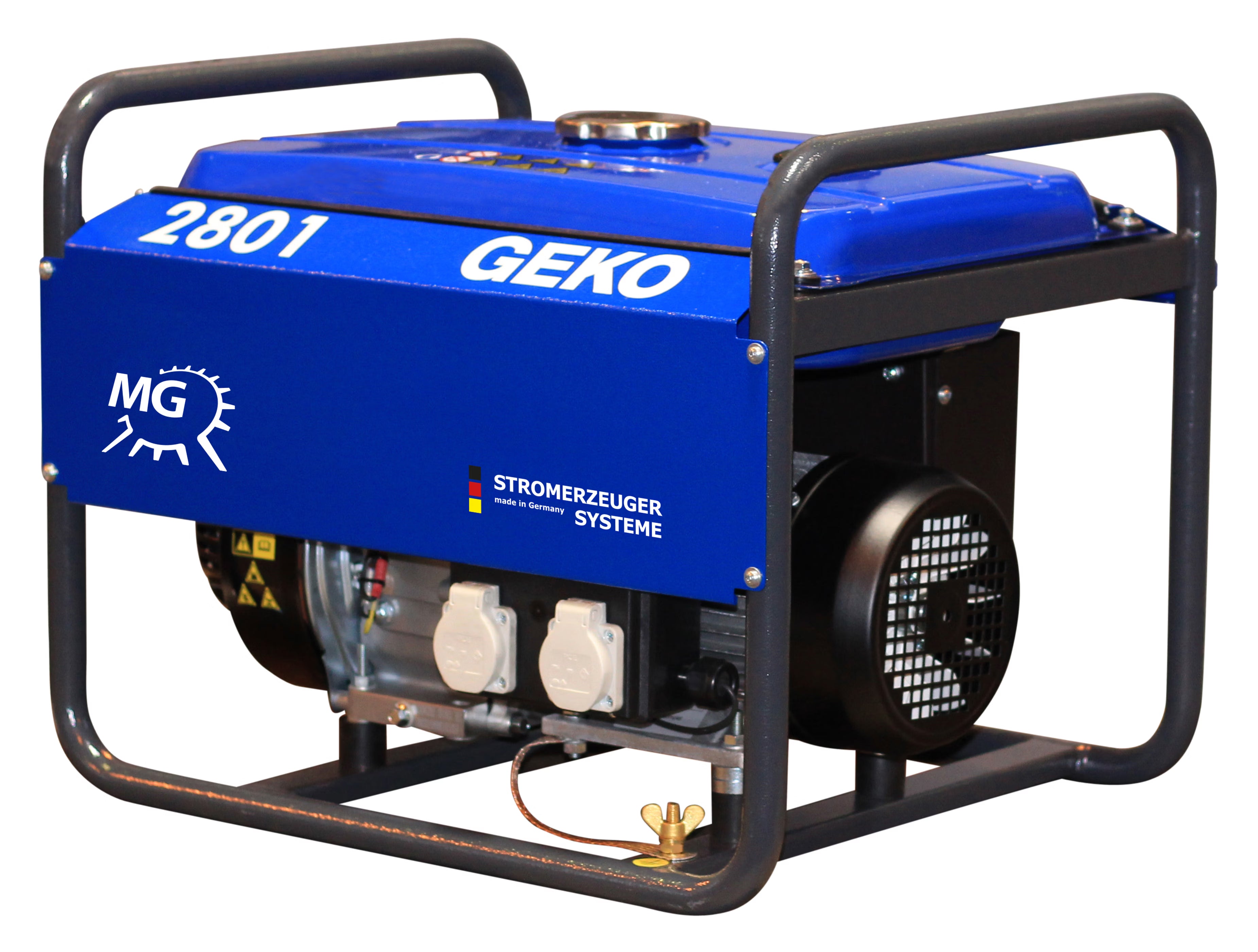 3/4 front view of a blue portable GEKO generator on a white background