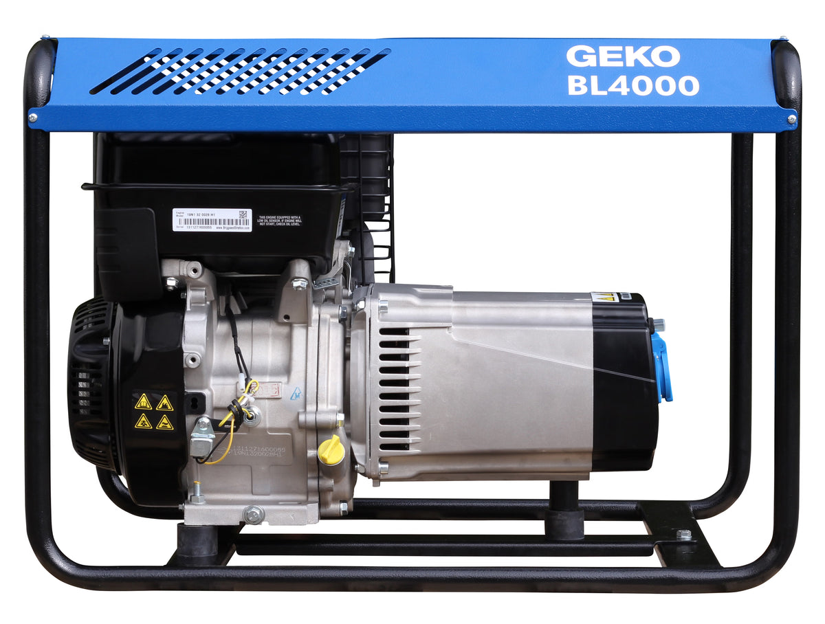 Front view of a blue GEKO branded generator on a white background