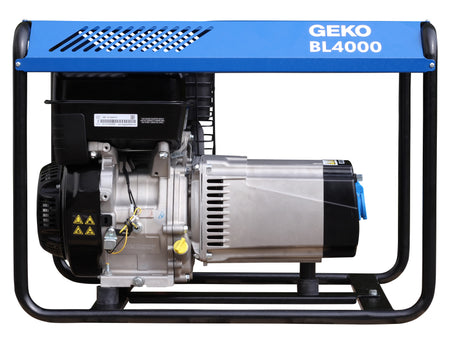 Front view of a blue GEKO branded generator on a white background