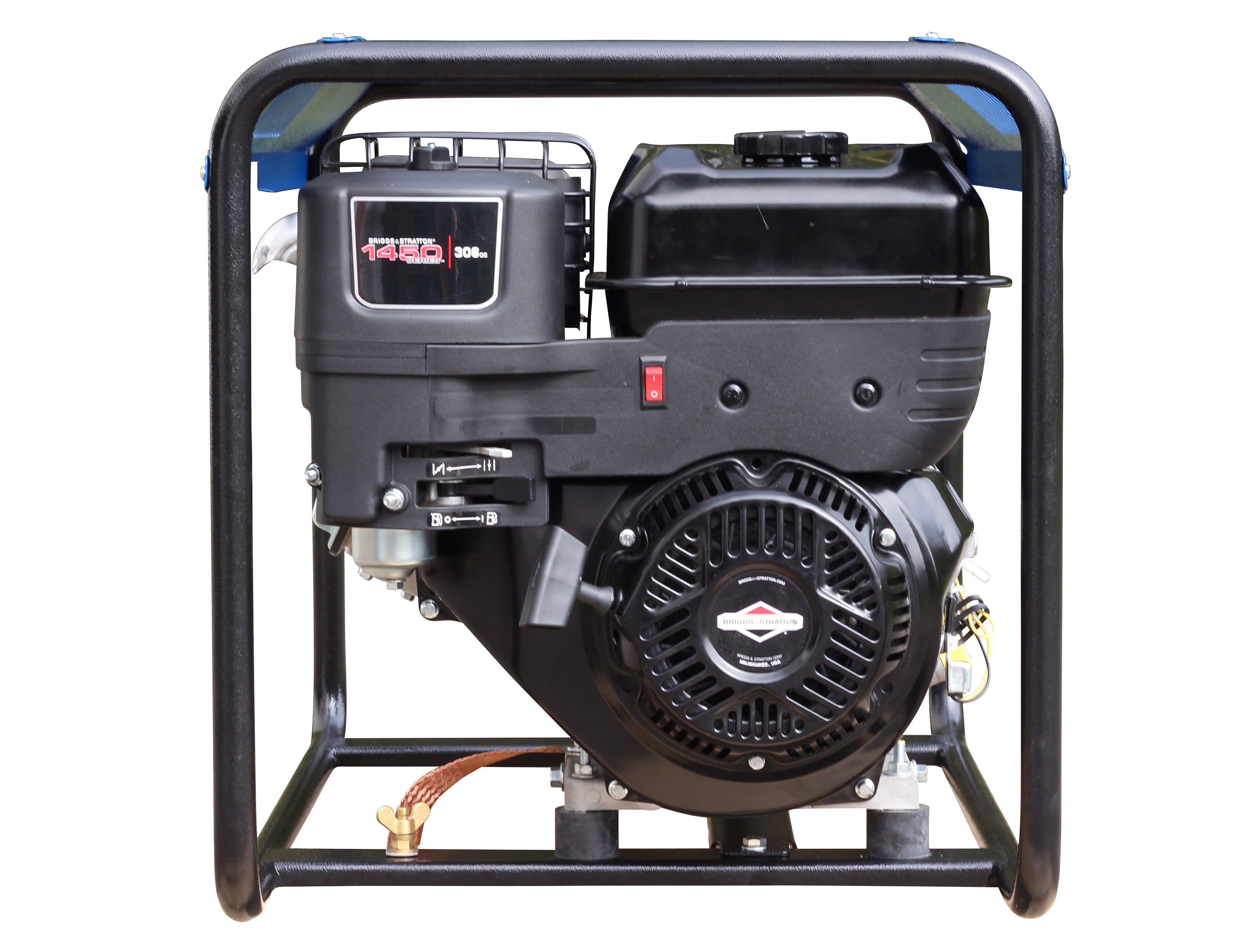 Side view of a black generator displaying its engine on a white background