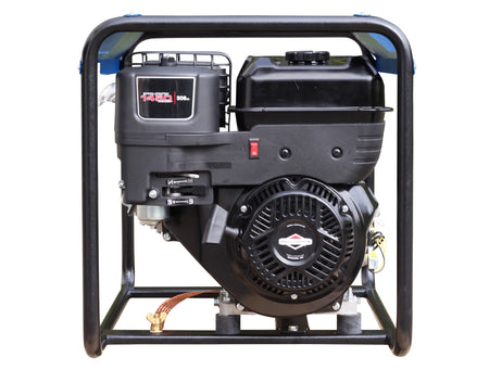 Side view of a black generator displaying its engine on a white background