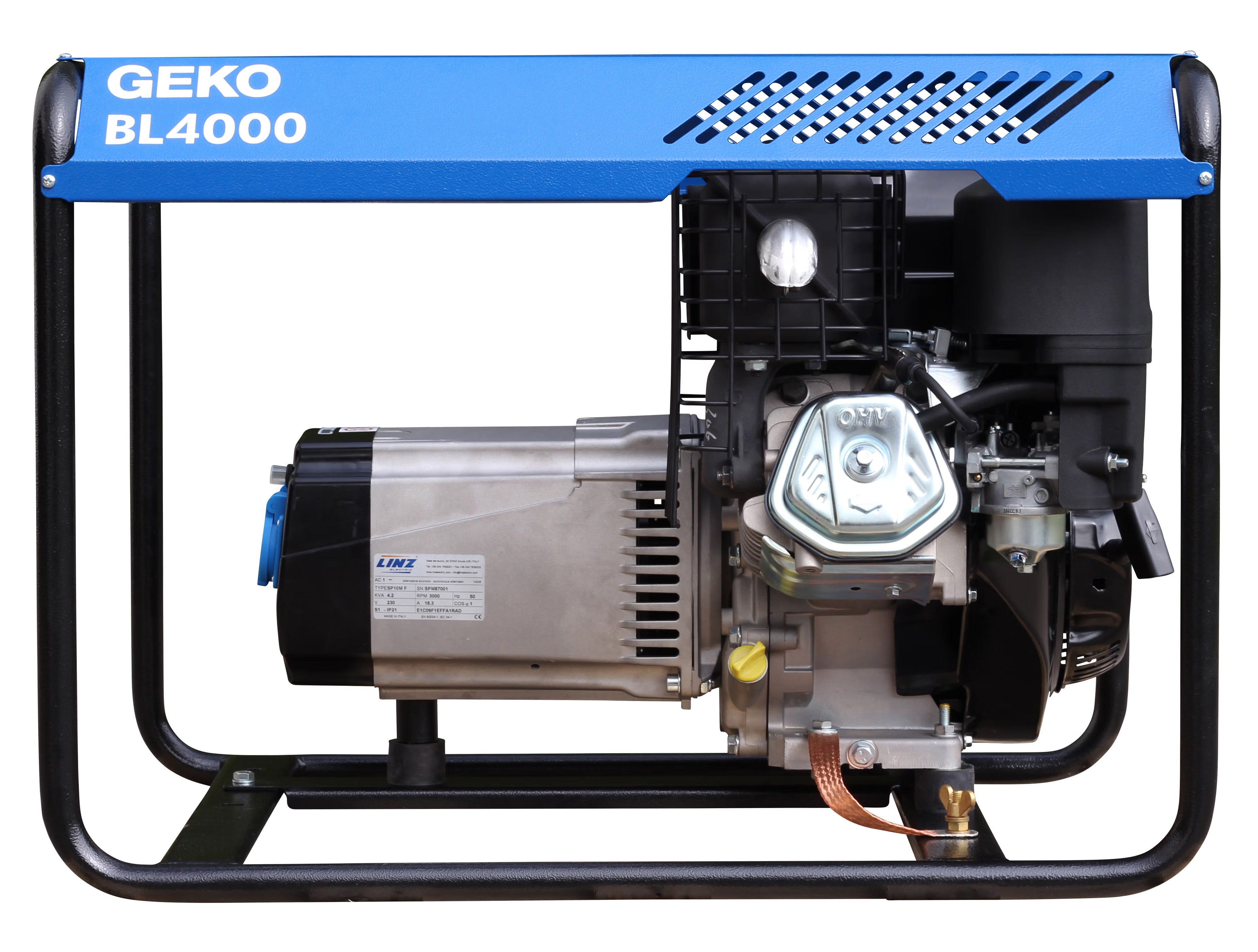 Back view of a blue GEKO BL400 generator on a white background