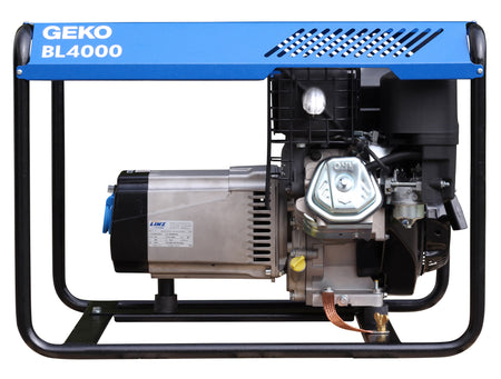 Back view of a blue GEKO BL400 generator on a white background