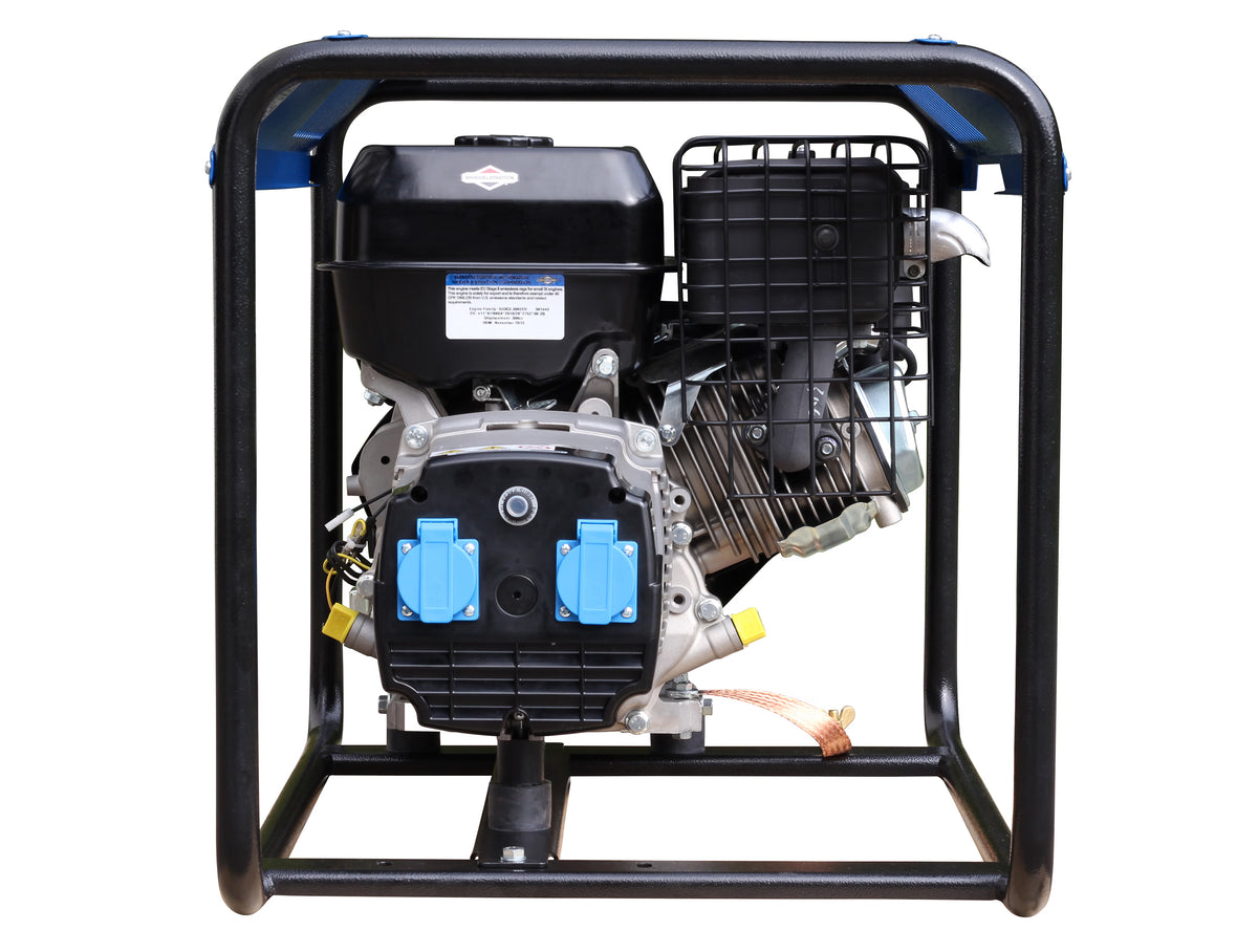 Side view of a black generator displaying its internal components on a white background