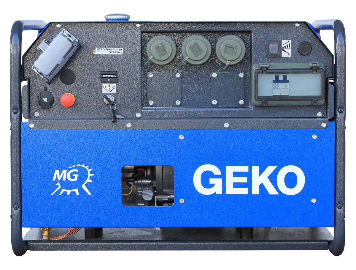 Front view of a blue GEKO generator displaying its control panel and electrical sockets on white background 