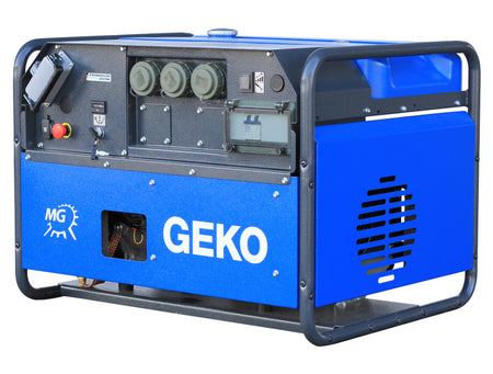 3/4 side view of a blue GEKO branded generator displaying its control panel on a white background