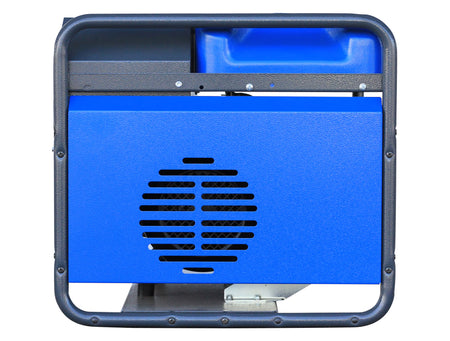 Side view of a blue generator on white background 