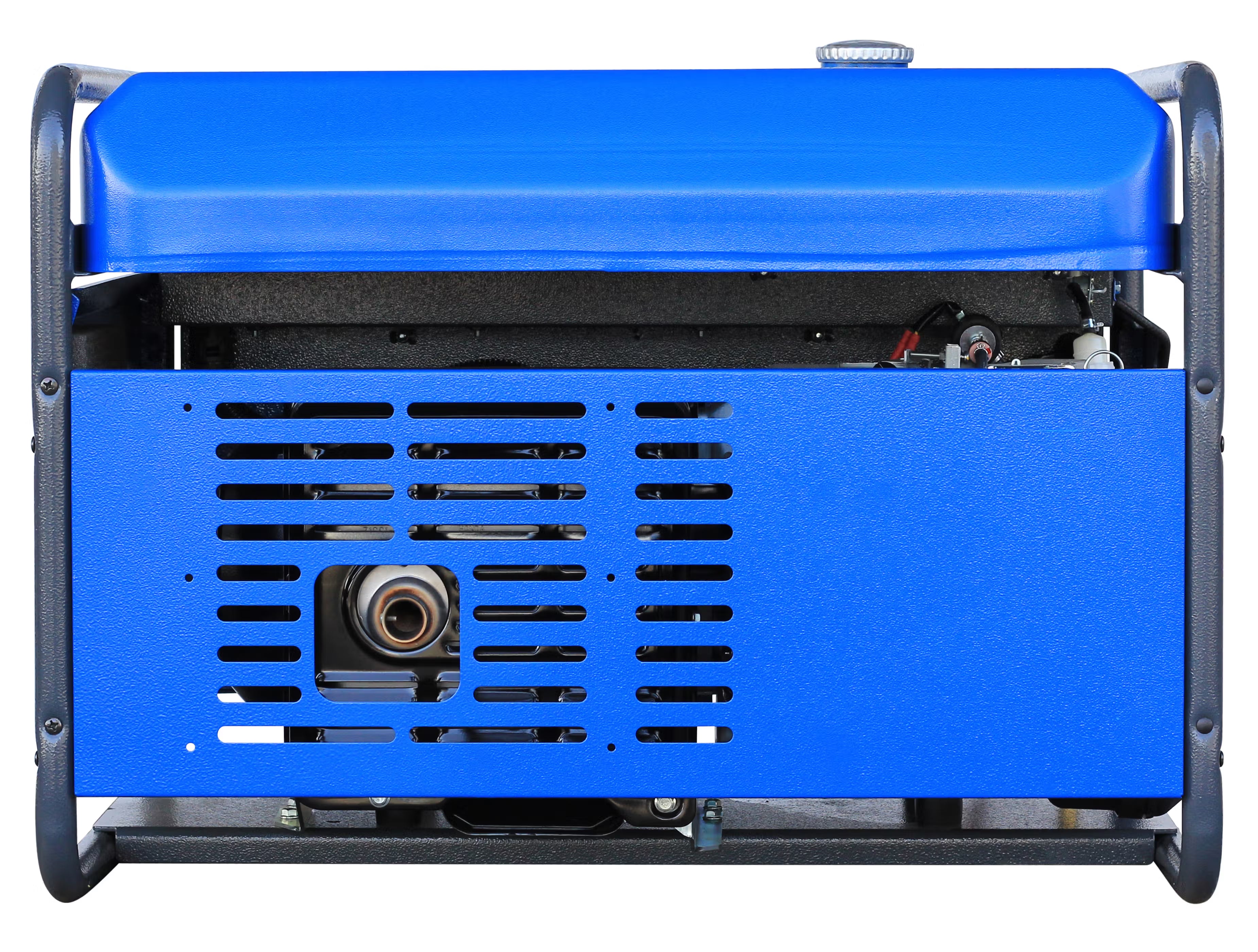 Back view of a blue generator on white background