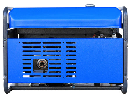 Back view of a blue generator on white background