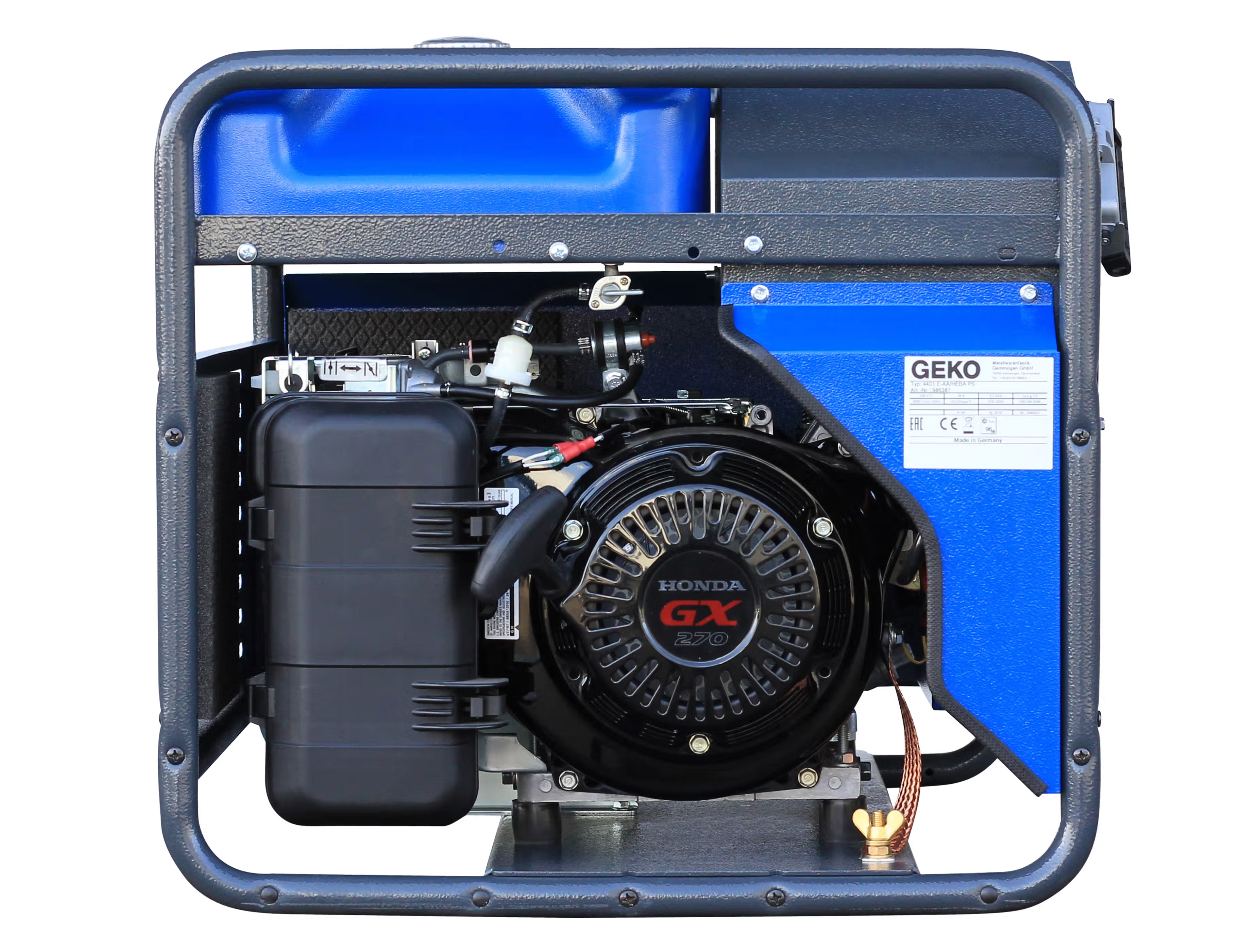 Side view of a blue generator displaying a Honda GX270 engine on white background 