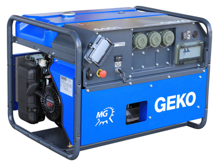 3/4 front view of a blue GEKO generator on white background