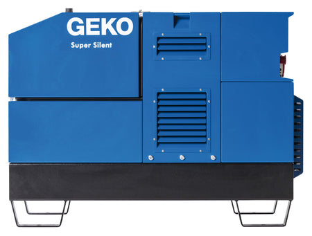 Back view of a blue GEKO Super Silent generator on white background