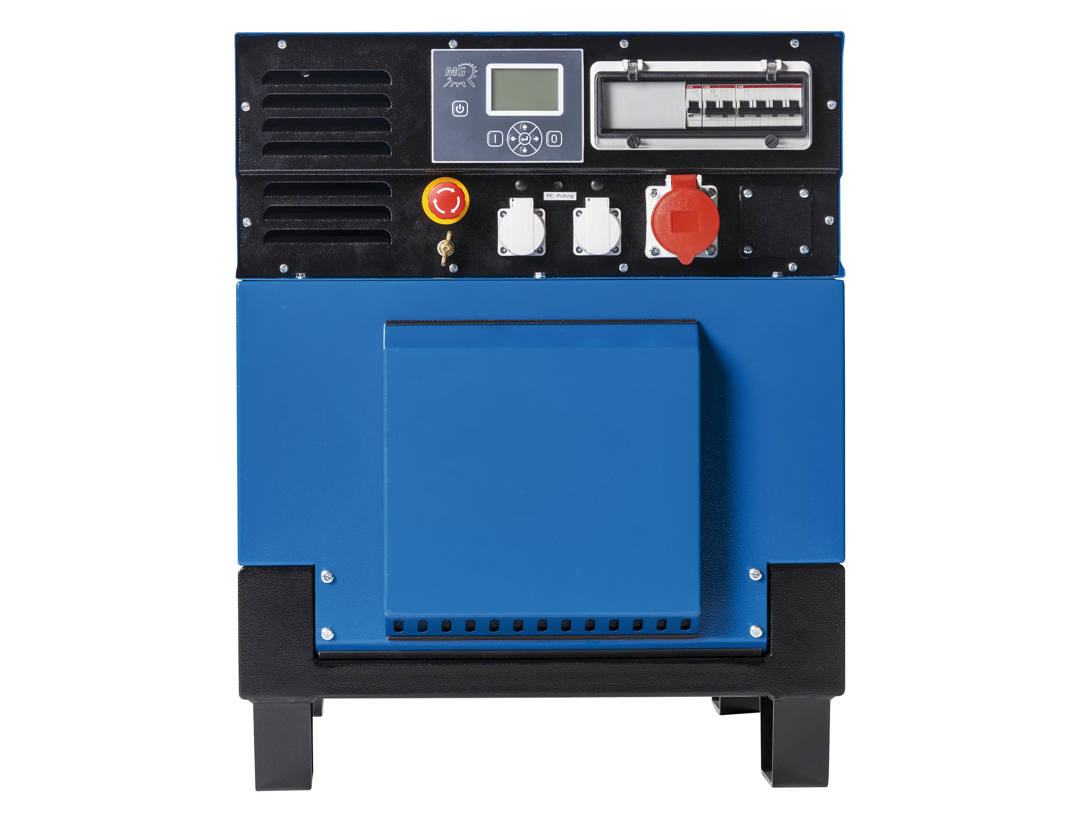 Side view of a blue generator displaying 3 electrical sockets, switches and a screen on white background