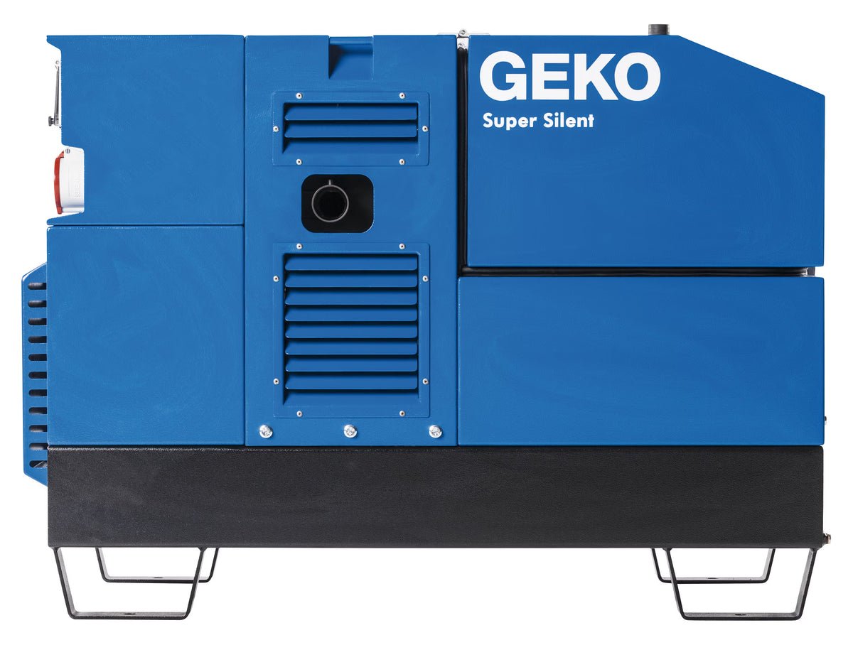 Front view of a blue GEKO Super Silent generator on white background