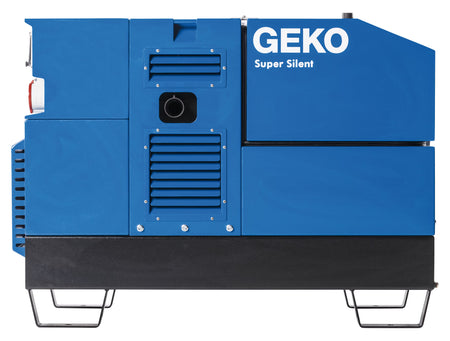 Front view of a blue GEKO Super Silent generator on white background
