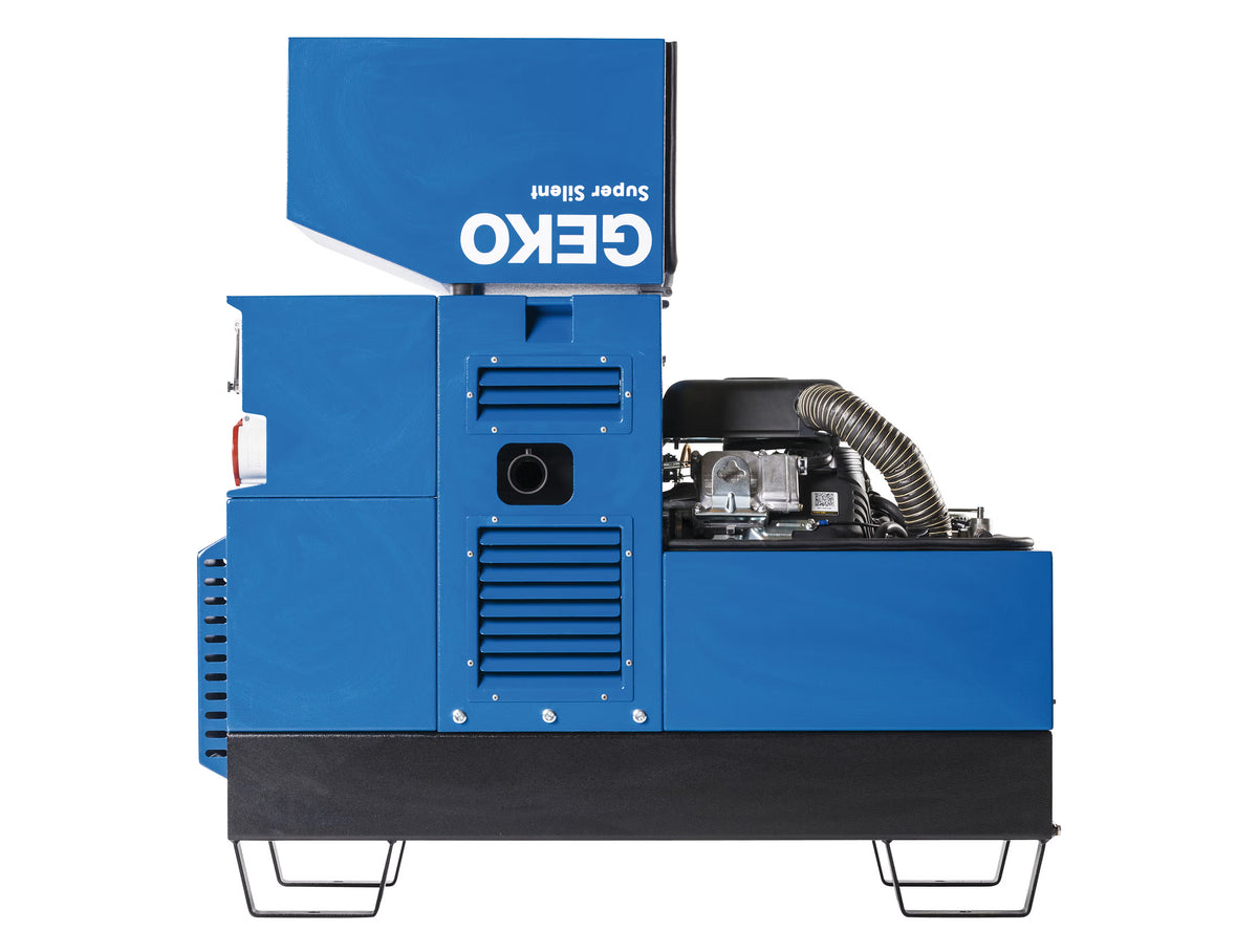 Front view of a blue GEKO branded generator with open top displaying its engine