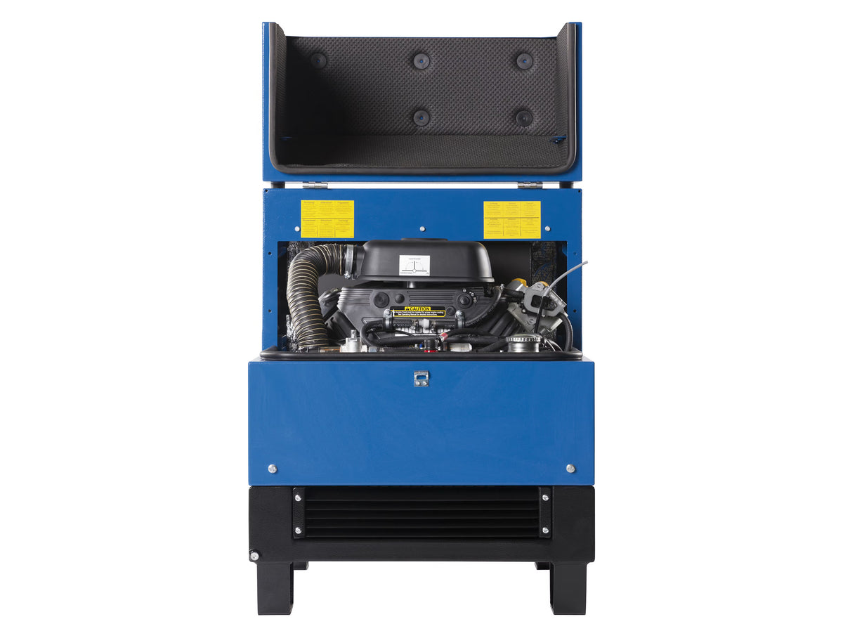 Side view of a blue open top generator displaying its internal components