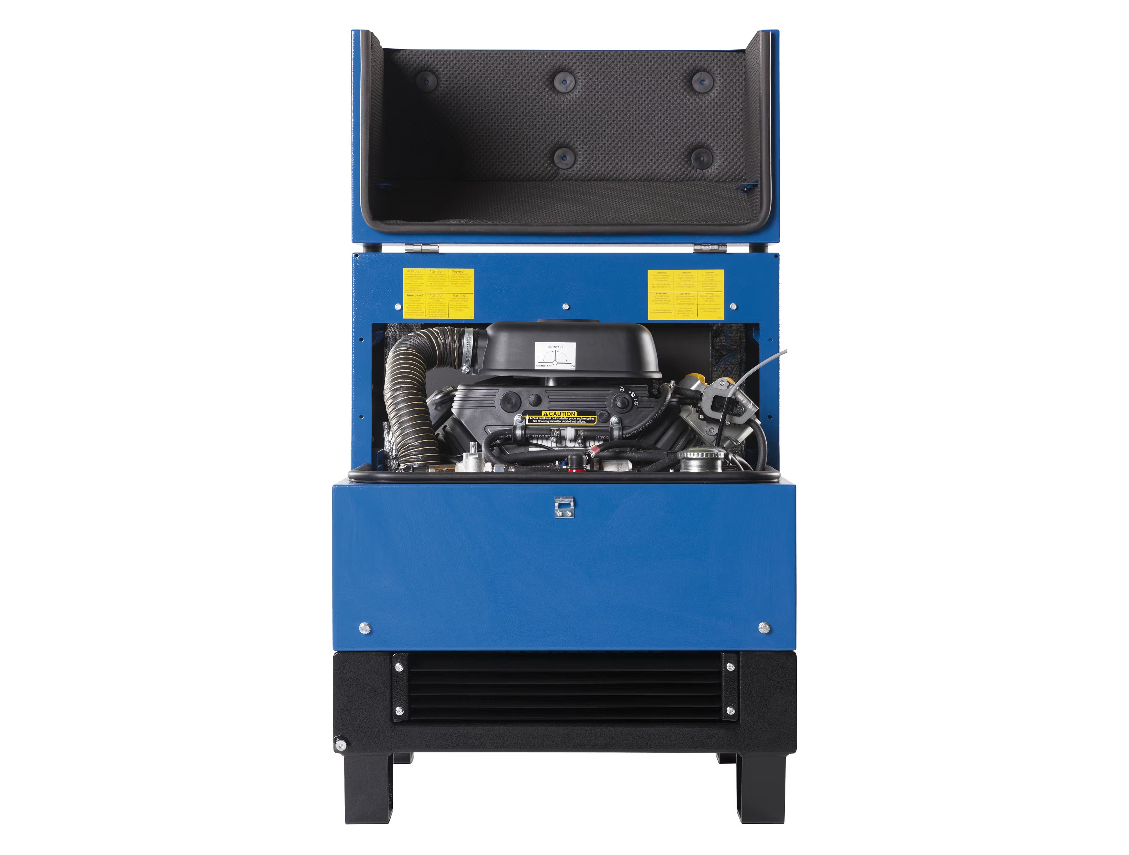 Side view of a blue open top generator displaying its internal components