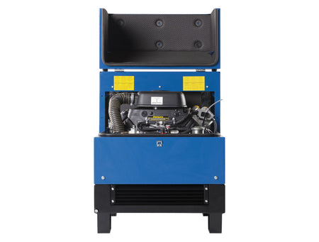 Side view of a blue open top generator displaying its internal components