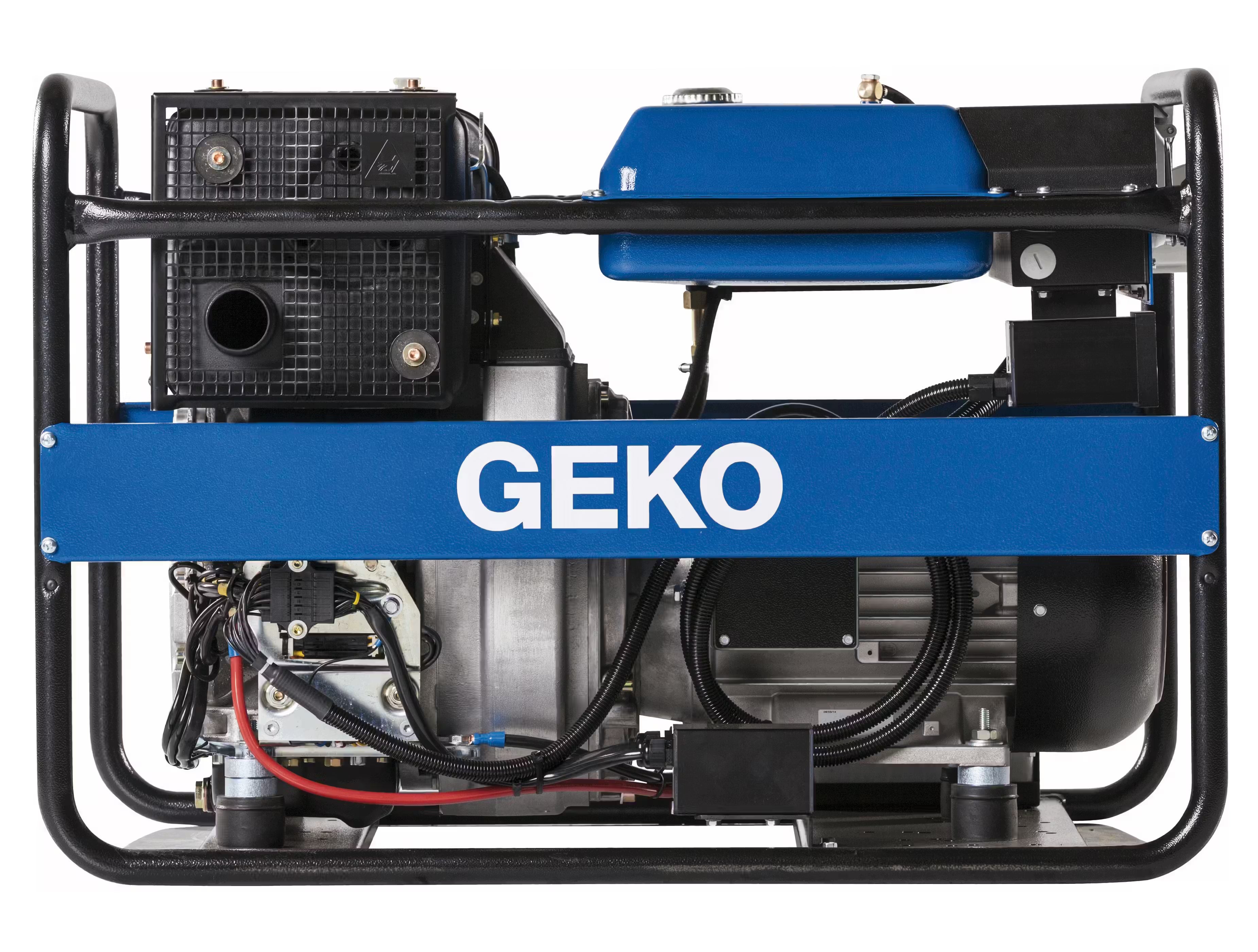 Front view of a blue GEKO branded generator on white background
