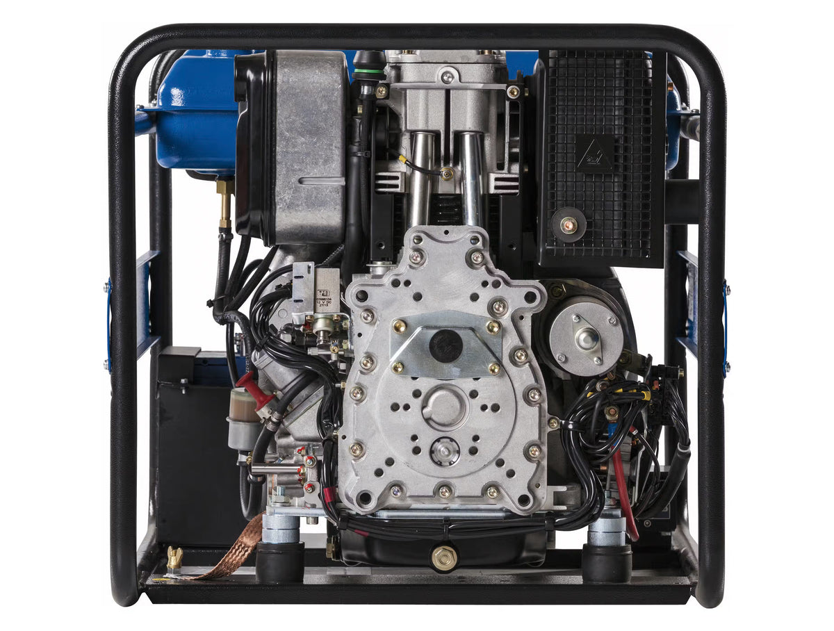 Side view of a black generator displaying visible components on a white background