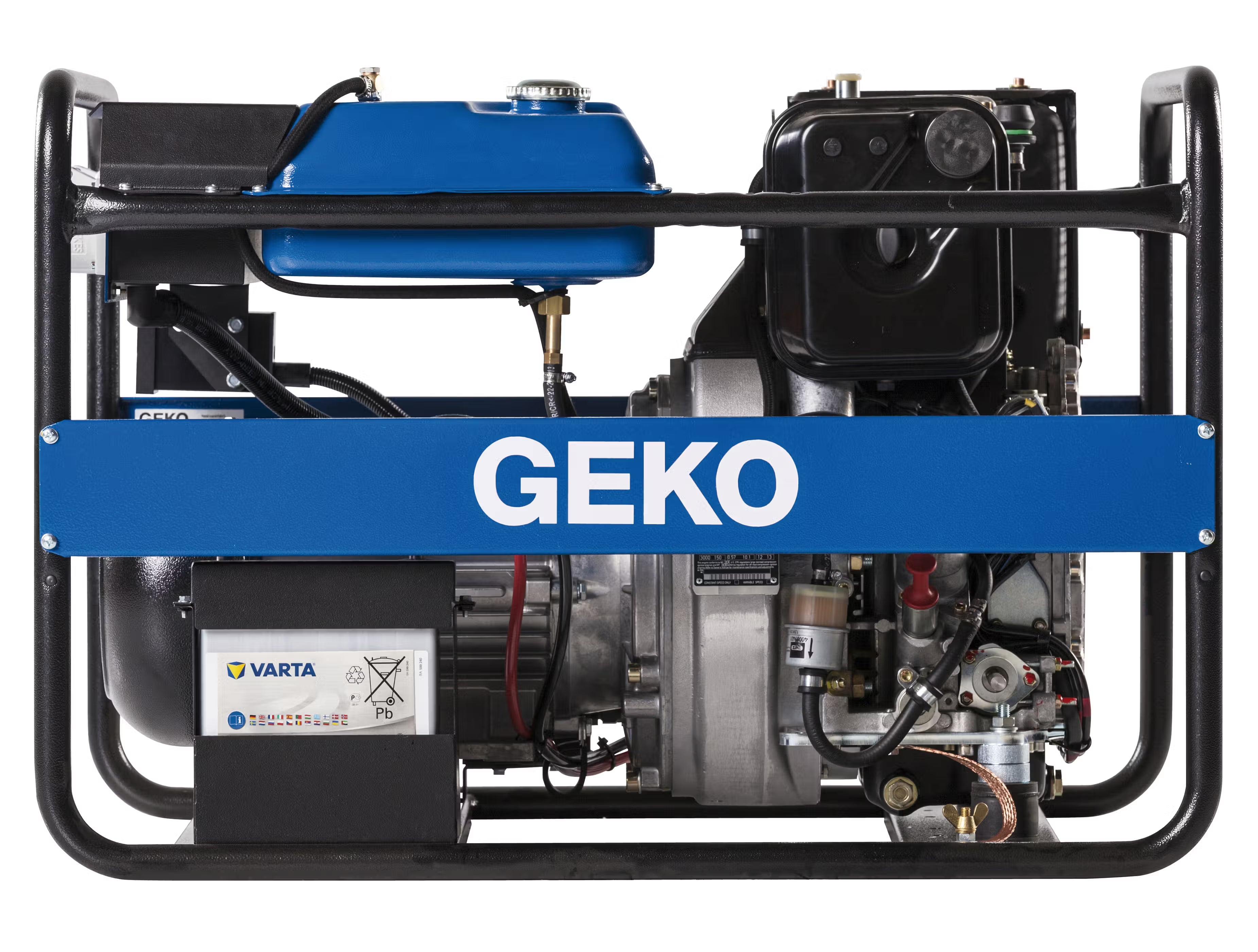 Back view of a blue GEKO branded generator featuring a Varta battery on a white background