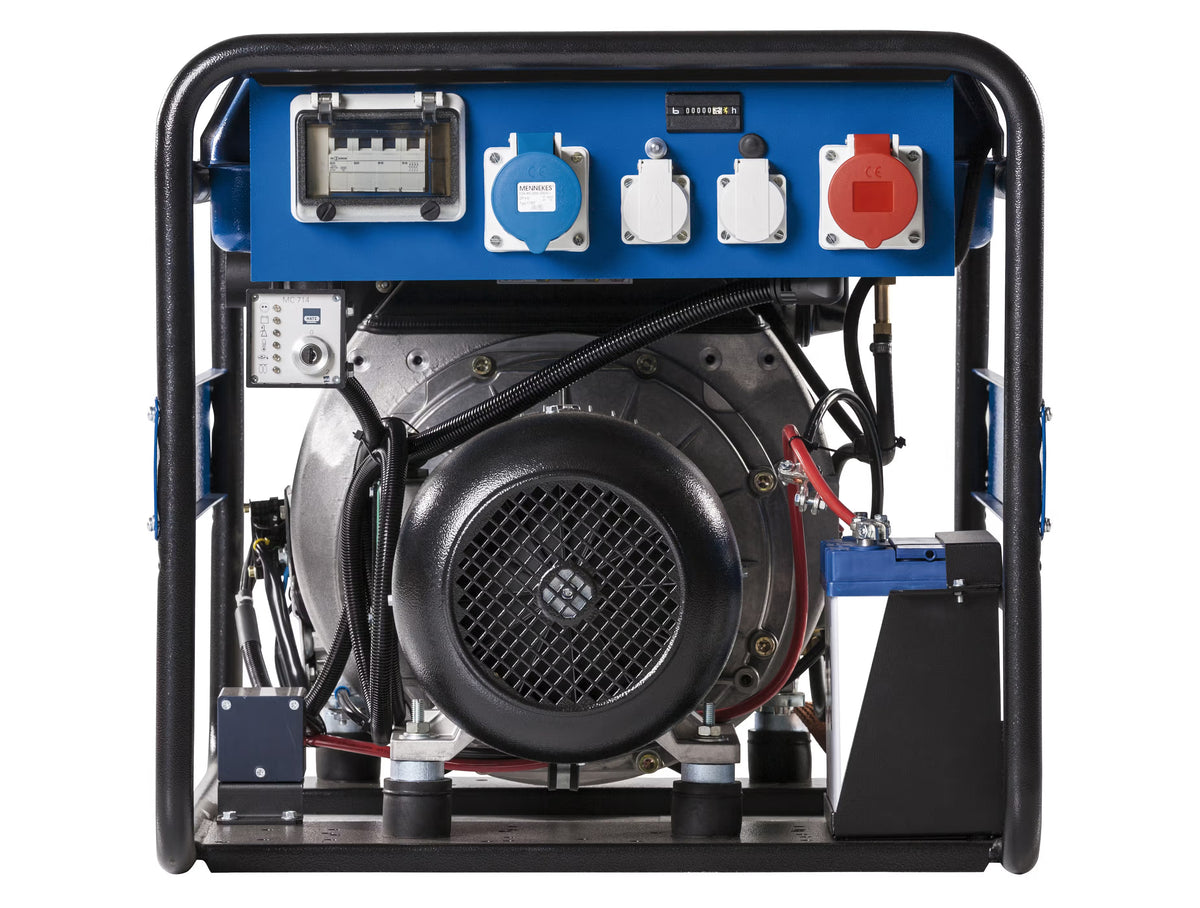 Side view of a blue generator featuring 4 electrical sockets and exposed components on a white background