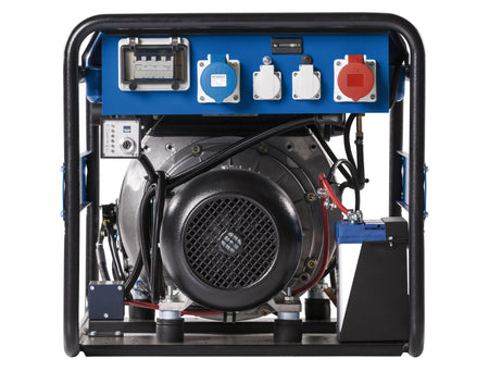 Side view of a blue generator featuring 4 electrical sockets and exposed components on a white background