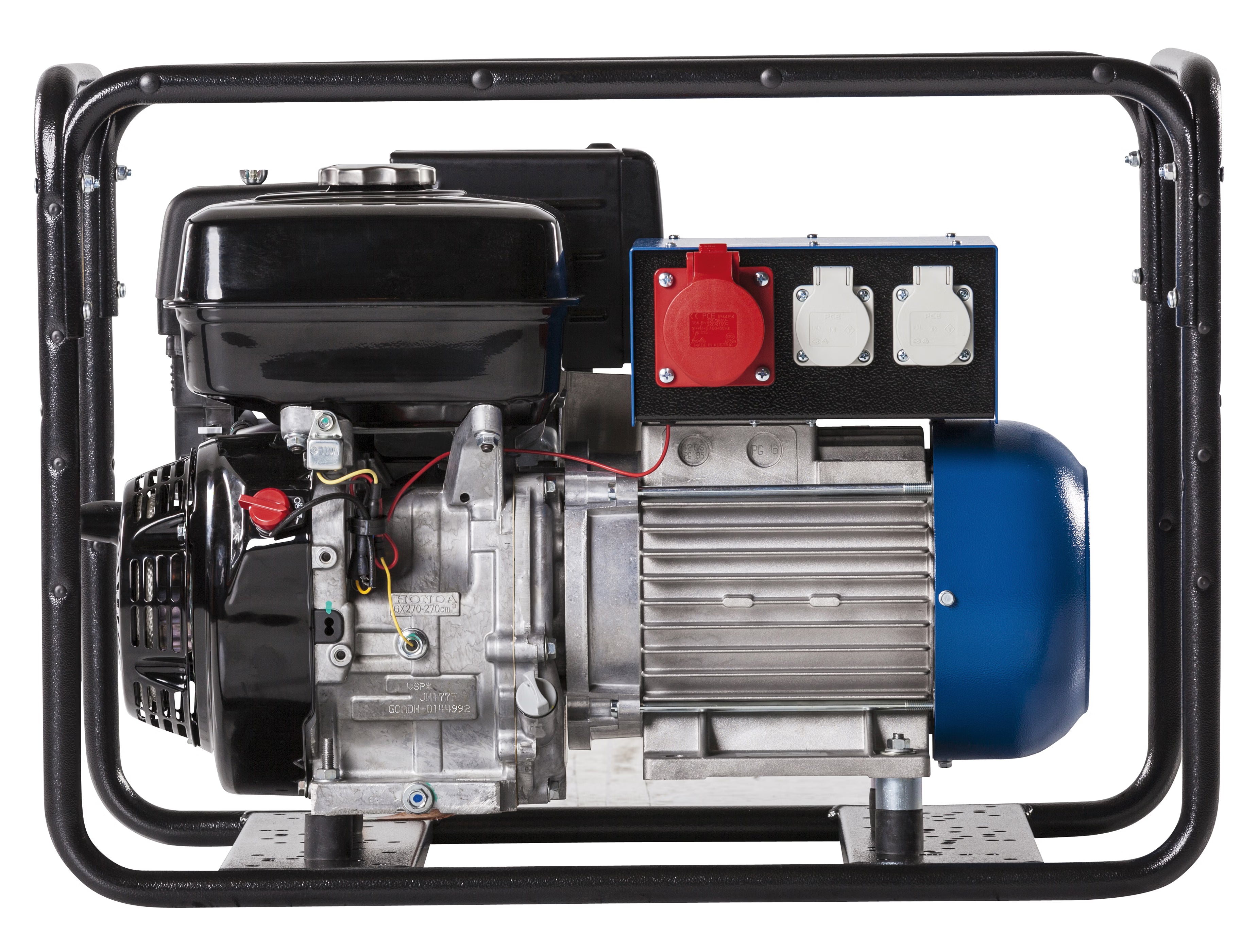 Portable generator with visible engine and electrical components on a white background
