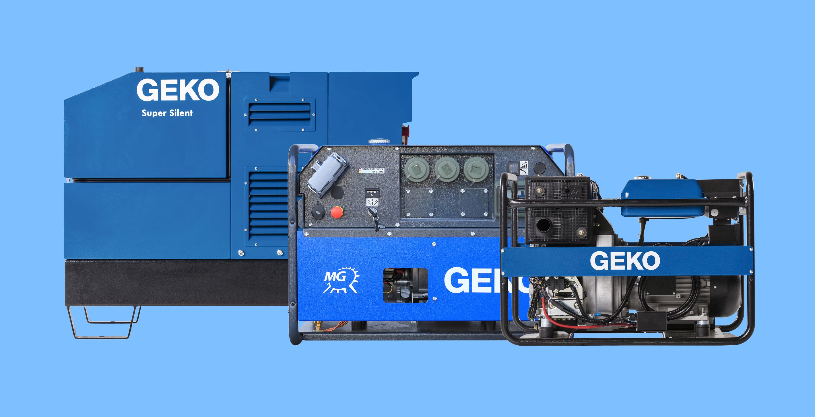 GEKO generator product selection on a blue background 