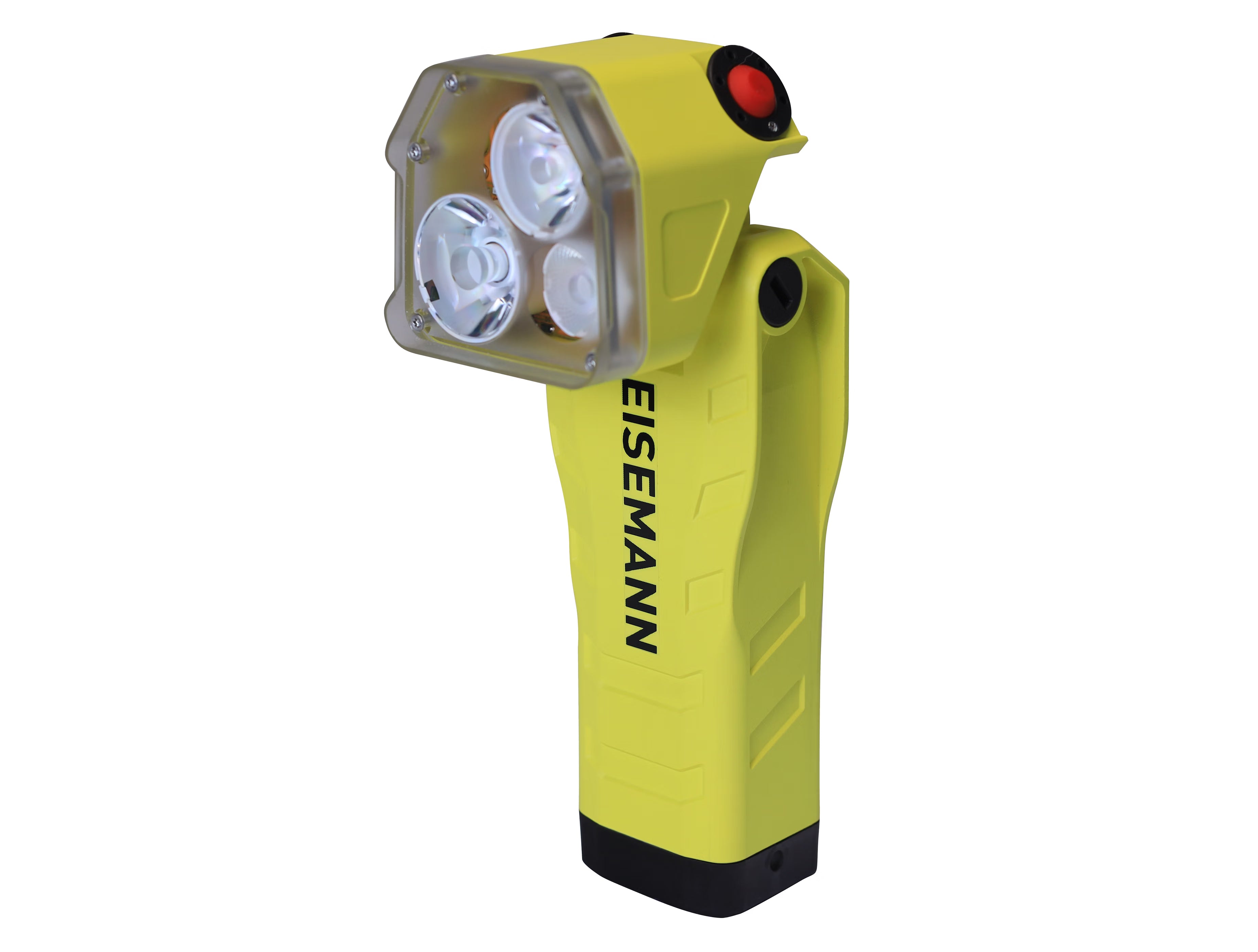Front view of a yellow hand light with EISEMANN branding and a red button on a white background
