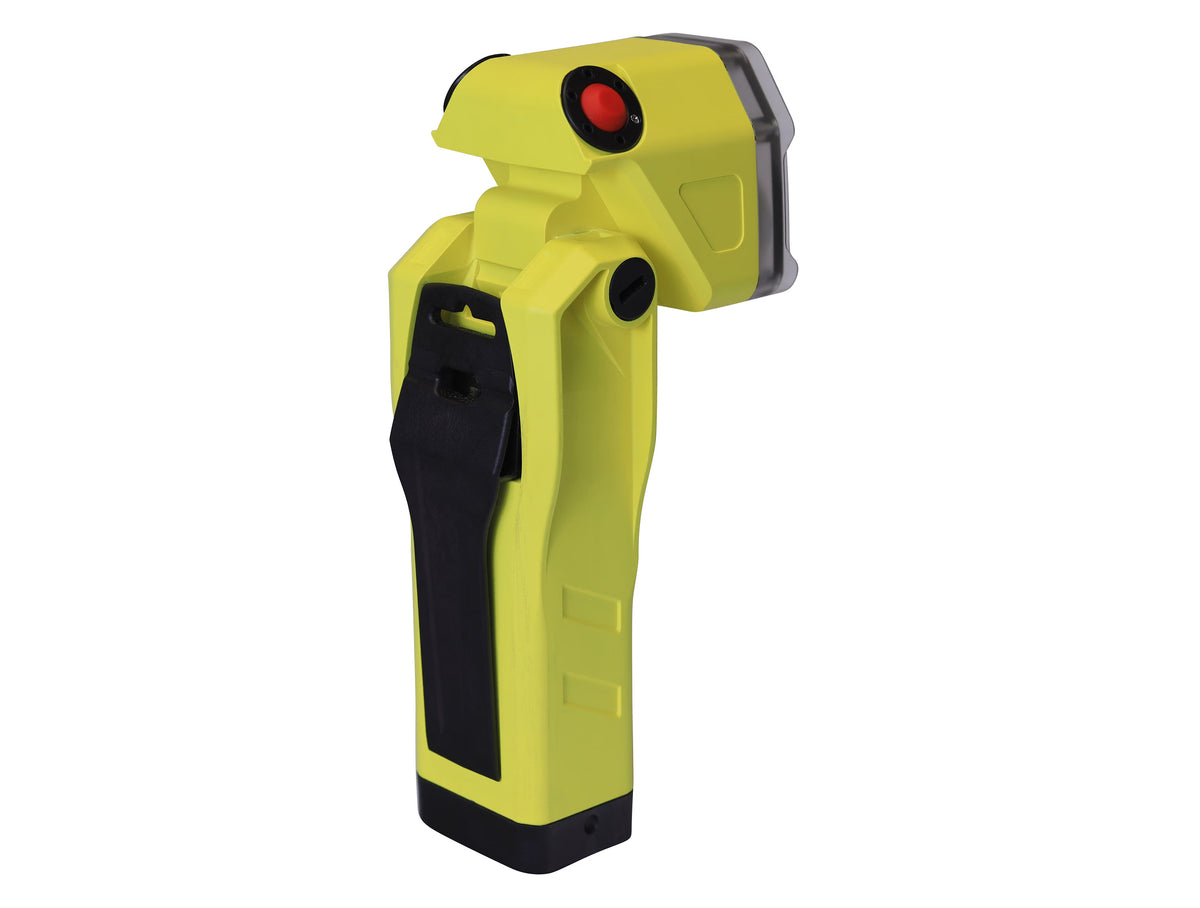 Back view of a yellow hand light with a black belt clip on a white background