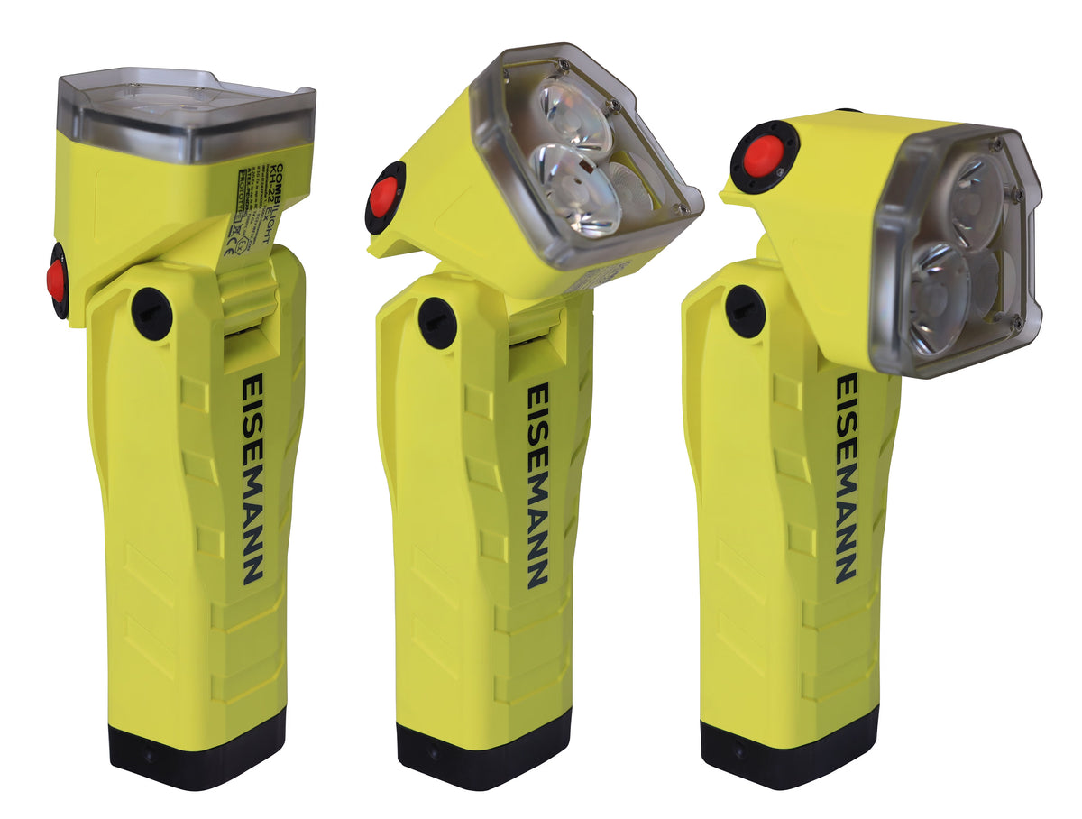 Three yellow hand lights displaying the three different configurations of its swivel head feature on white background