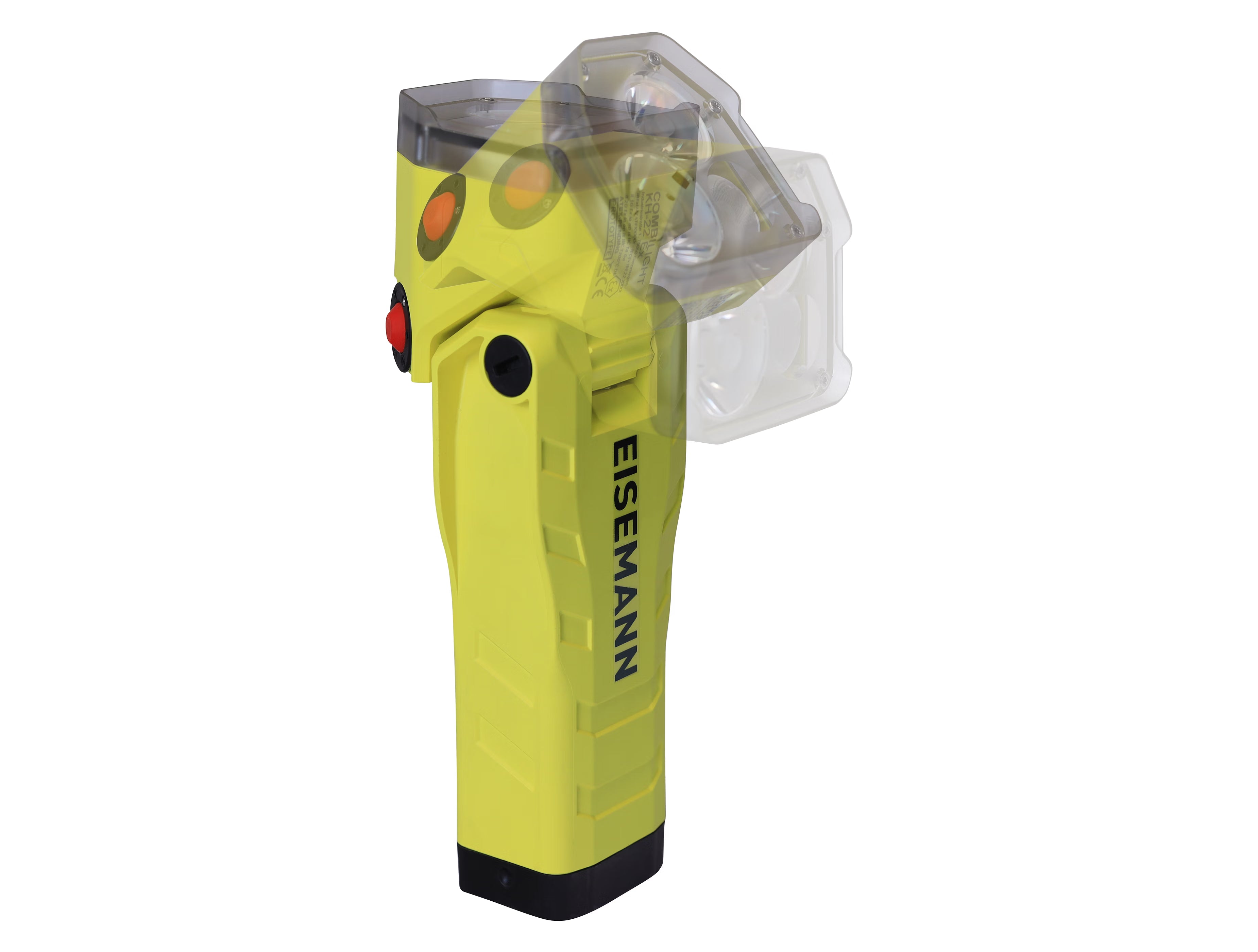 Yellow hand light displaying its various possible configurations on white background