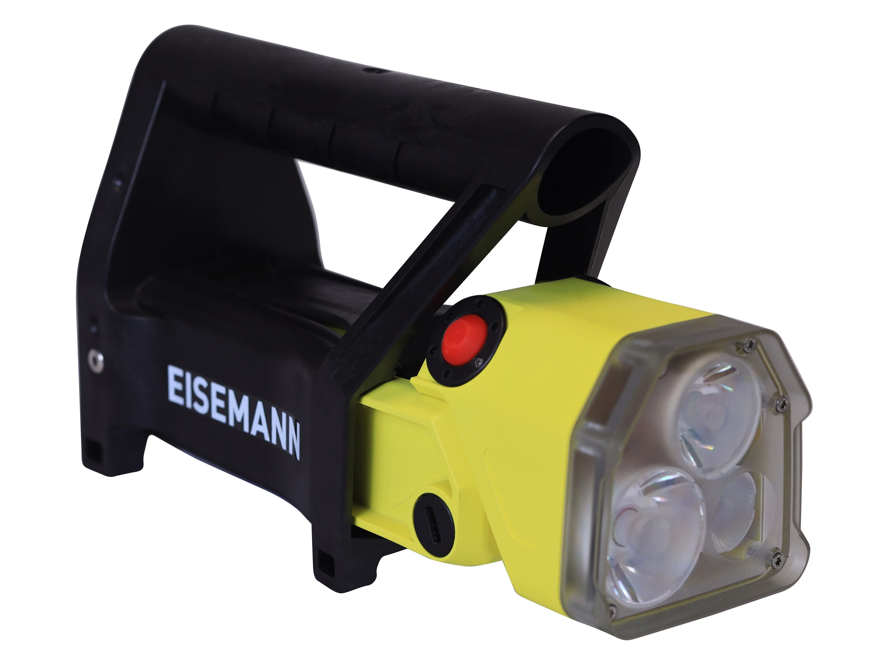Front side view of a yellow hand light with attached hand grip and EISEMANN branding on white background