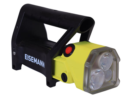 Front side view of a yellow hand light with attached hand grip and EISEMANN branding on white background
