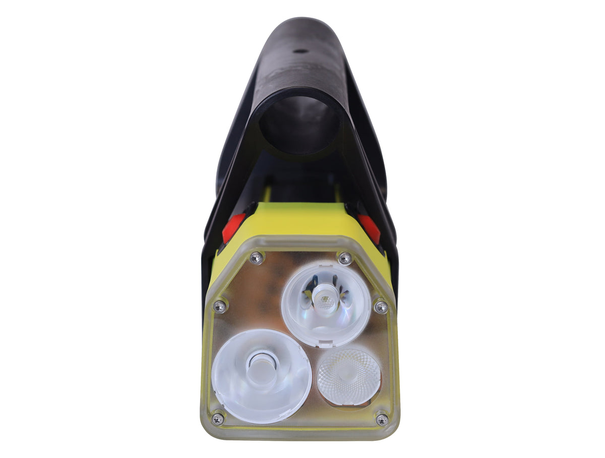Front view close up of the illuminating face of a flashlight with an attached grip on white background