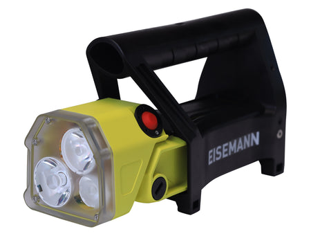 Front side view of a yellow hand light with attached hand grip and EISEMANN branding on white background