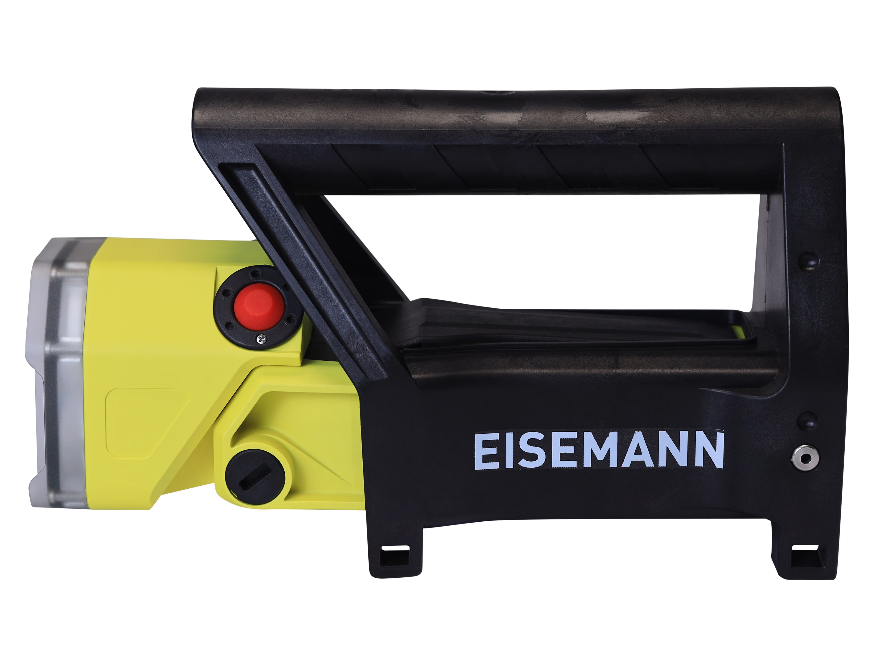 Side view of a yellow hand light with attached hand grip and EISEMANN branding on white background