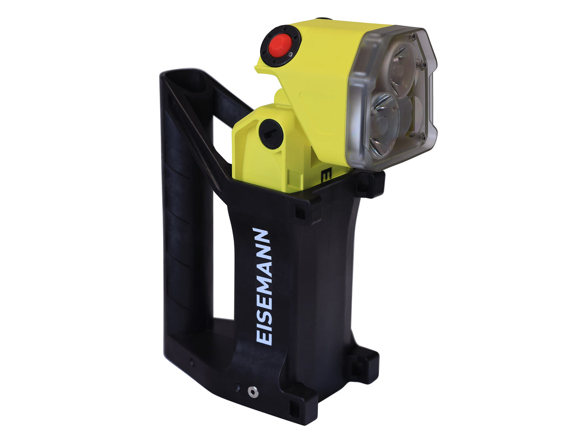 Front view of a yellow hand light with attached hand grip and EISEMANN branding on white background