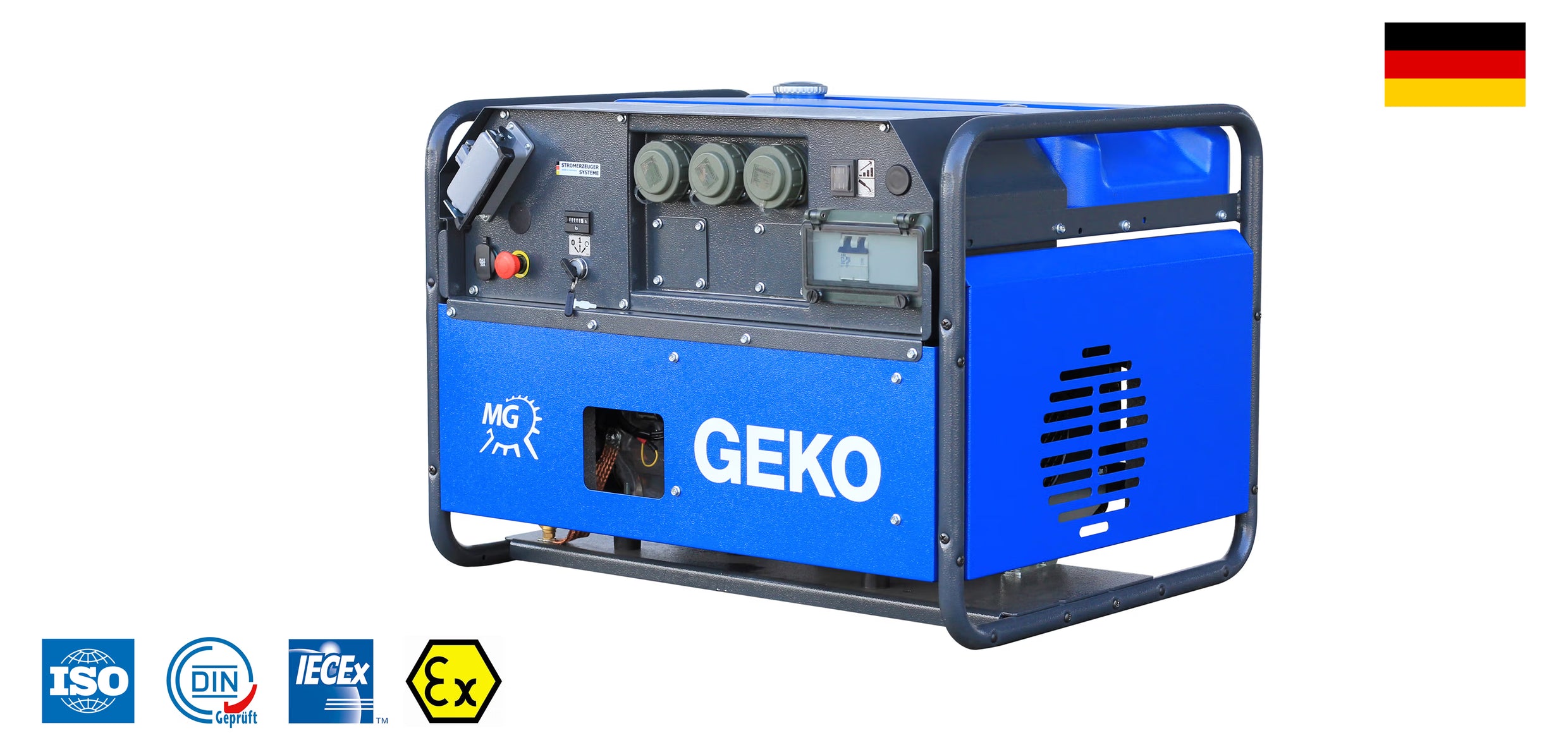 Blue GEKO generator featuring a German flag and international safety regulations