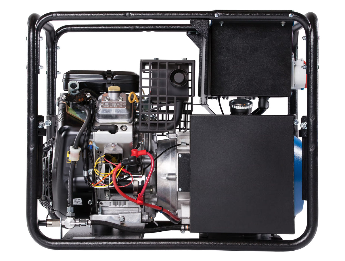 Front view of a black generator with visible internal components on white background 