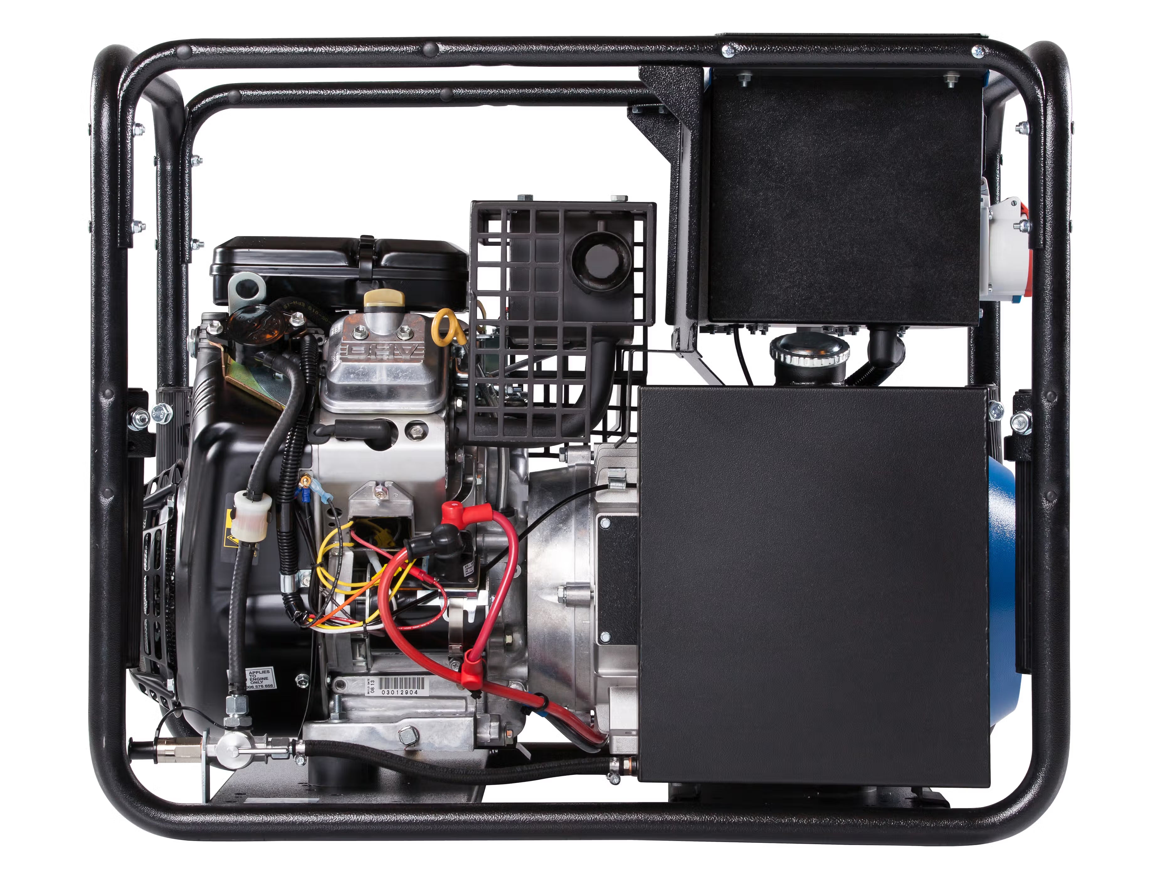 Front view of a black generator with visible internal components on white background 