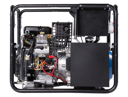 Front view of a black generator with visible internal components on white background 